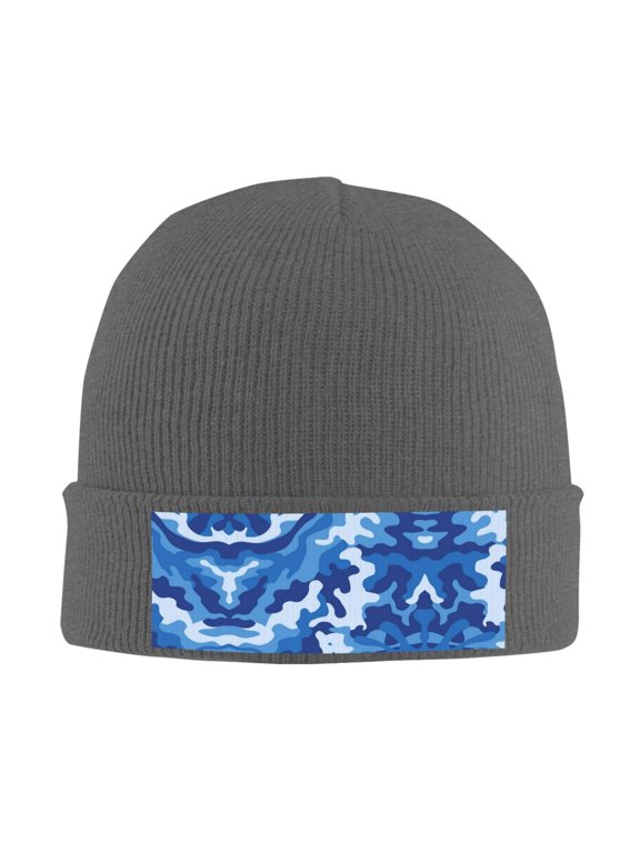 Blue Camouflage Winter Beanie Hats for Men Women Warm Cozy Knitted Cuffed Skull Cap Deep Heather