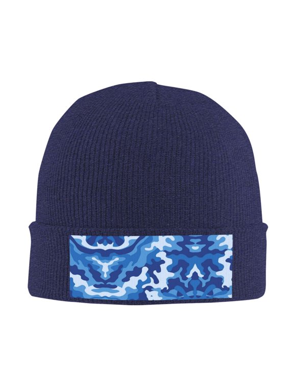 Blue Camouflage Winter Beanie Hats for Men Women Warm Cozy Knitted Cuffed Skull Cap Navy Blue