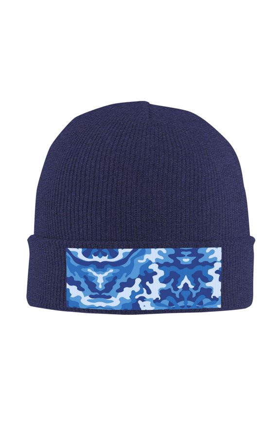 Blue Camouflage Winter Beanie Hats for Men Women Warm Cozy Knitted Cuffed Skull Cap Navy Blue