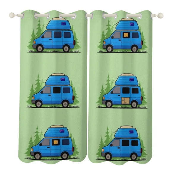 Blue Camper Van Forest Pattern Blackout Window Curtains for Bedroom Living Room Kicthen High Shading 2 Panels