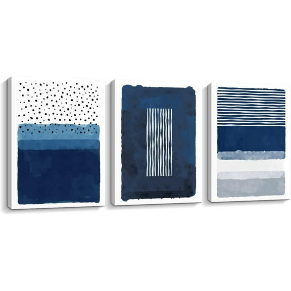 Blue Canavs Wall Art for Living Room Decor 3 Pieces Abstract Blue and White Painting Canvas Print Framed Artwork Set for Bedroom Decor Navy Blue Canvas Wall Decor, Ready to Hang, 12x16 Inch