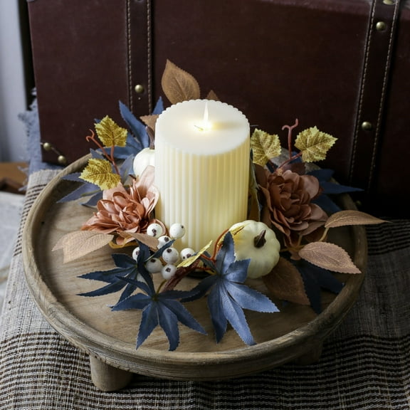 Blue Candle Holder Wreath Ring for Thanksgiving Aromatherapy - Decorative Flower Pumpkin Maple Ornament, Elegant Design for Festive Tables, By Kingtowag