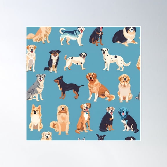 Blue Canine Collage: A Celebration Of Diversity, Dogs, Dog Breeds, Dog Collage Poster Wall Art, Modern Wall Decor, 24x24 UNFRAMED