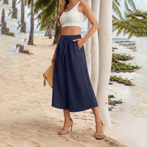 Blue Capri Pants for Women Flowy Linen Pants Women Wide Leg Tie Knot Pants Loose Beach Pants High Waisted Trousers with Pockets Sweatpants Womens Fashion