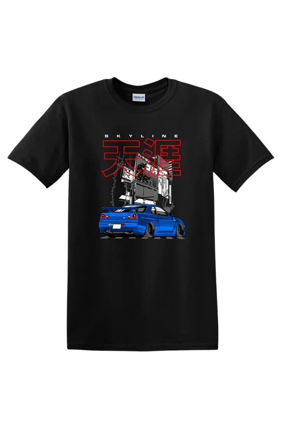Blue Car Graphic T Shirt Street Racing Tokyo Style Tee Cool Automotive Design