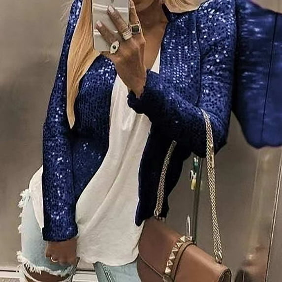 Blue Cardigan for Women, Polyester Jackets for Women, Women's Fashion Color Matching Sequin Short Casual Women's Coat L