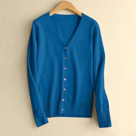 Blue Cardigan for Womens Solid Button Down Long Sleeve Classic V Neck Knit Cardigan Sweater Fall Trendy Outfits