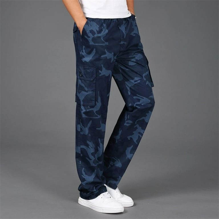 Blue Cargo Pants Mens Fashion Casual Loose Cotton Plus Size Pocket Lace Up  Camouflage Elastic Waist Pants Trousers Overall 