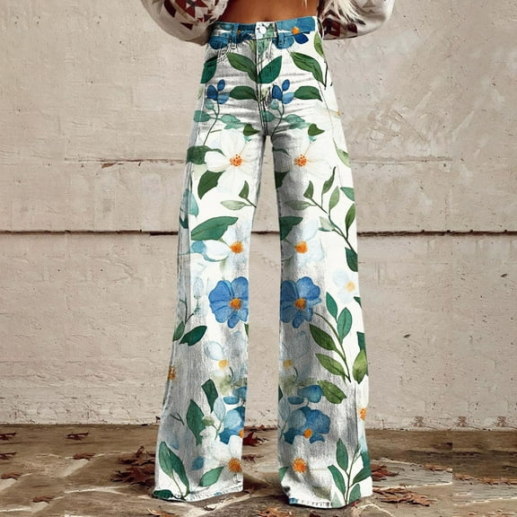 Blue Cargo Pants Women Wide Leg Pants Woman High Waist Floral Patterned Pants Lightweight Loose Fit Casual Colorful Trouser Imitation Jeans