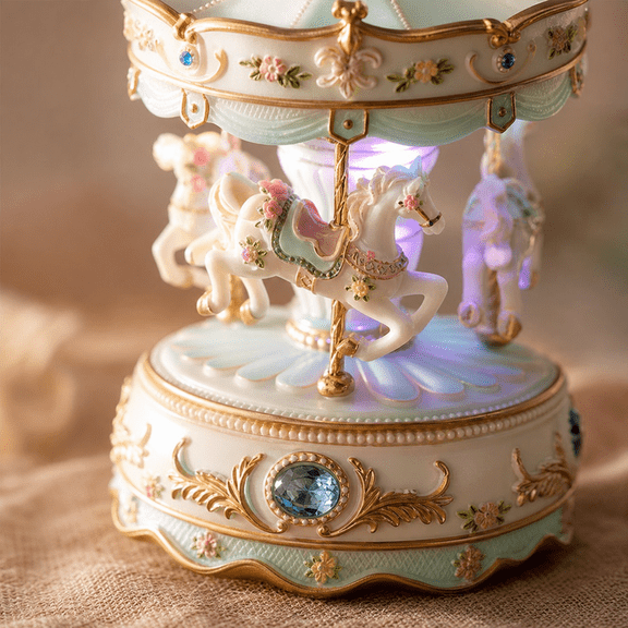 Blue Carousel Music Box Rotating Horses Tabletop Decor