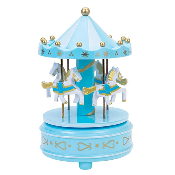 Blue Carousel Music Box With Star Projection And Rotating Horses For Cake Decoration Birthday Holiday Gift For Kids 4.3X6.7 Inches 1Pc
