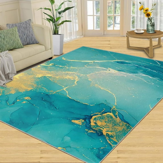 Blue Carpet 3x5ft, Vintage Gilded Abstract Entrance Mat, Soft with Non-Slip Backing Machine Washable Rugs for Door Mats Porch Hotels