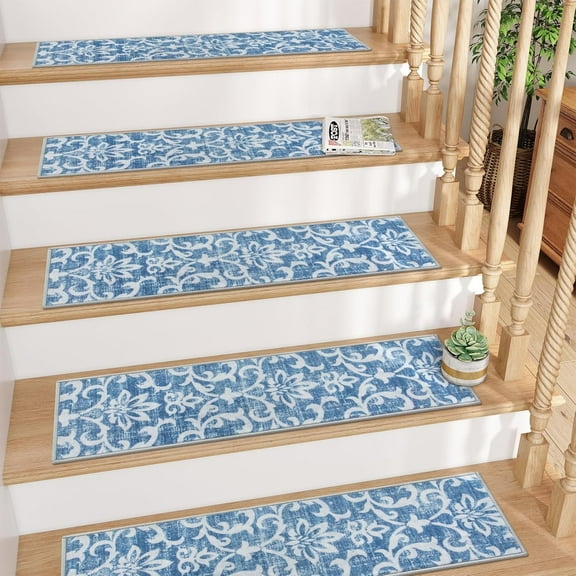 Blue Carpet Stair Treads Non Slip Backing 8" X 30" Stair Treads for Wooden Steps Indoor, Soft Washable Stairway Stair Runners Oriental Staircase Rugs for Kids Pets Elders