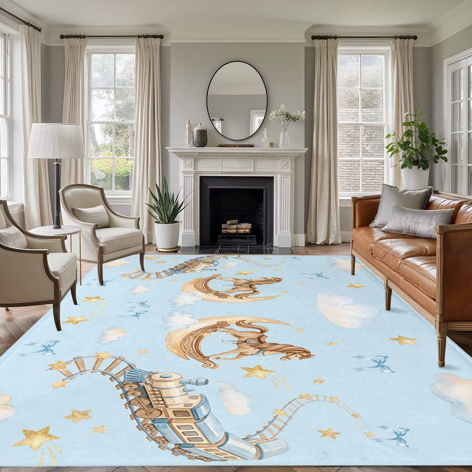 Blue Cartoon Area Rugs 8'x10', Washable Small Throw Rugs for Living ...