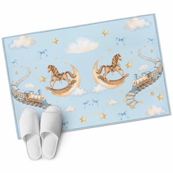 Blue Cartoon Bathroom Rug Washable 2x3 Entryway Rug Non Slip Star Cute Hobbyhorse Train Cloud Front Door Mat Low Pile Indoor Doormat Throw Floor Carpet for Kitchen Bedroom Entrance