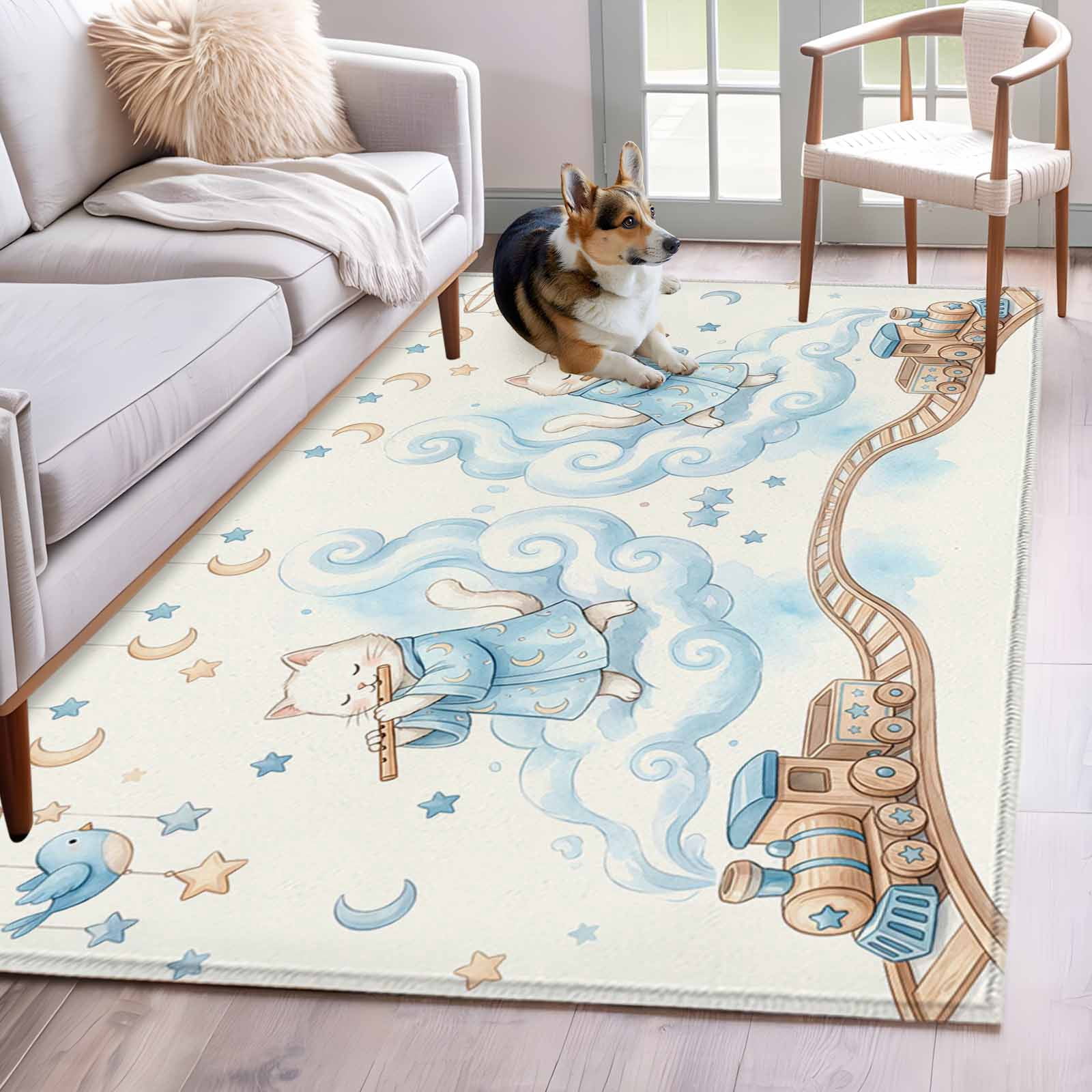 Blue Cartoon Cat Area Rugs 4'x6', Washable Small Throw Rugs for Office ...