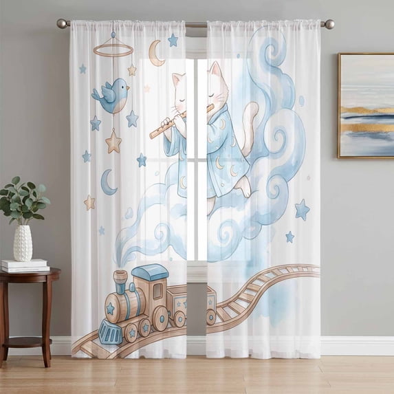 Blue Cartoon Cat Sheer Curtains for Living Room Bedroom Funny Cute ...