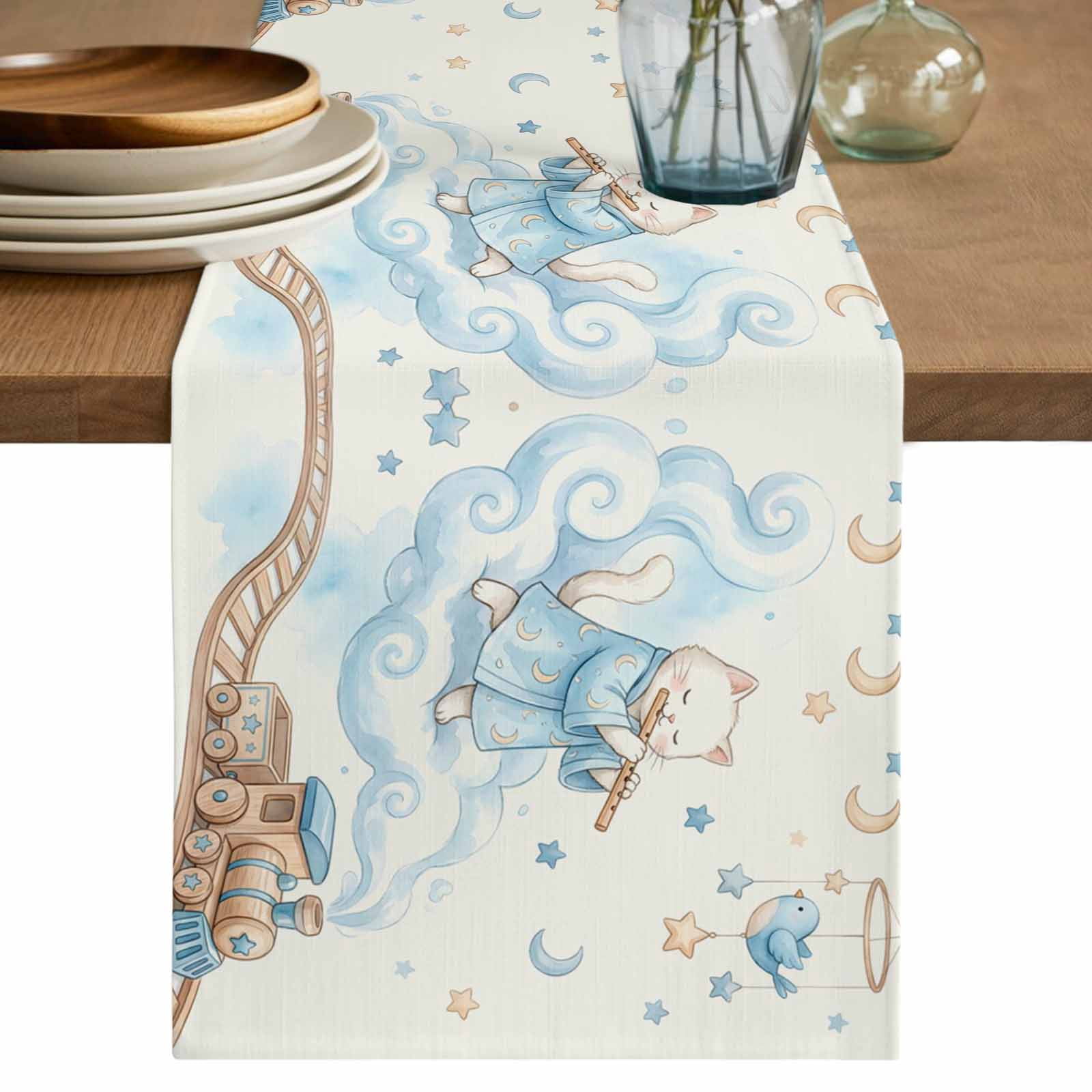 Blue Cartoon Cat Table Runner 120 Inches, Cute Star Train Cloud Birds ...