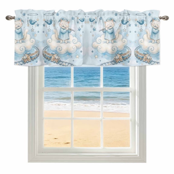 Blue Cartoon Cats Kitchen Valances for Windows 60x18 Inch Kitchen Curtains Valances Rod Pocket Cute Cats Sleeping Dreams Clouds Bathroom Window Valances for Window Treatment Decor