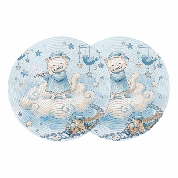 Blue Cartoon Cats Round 13 Inch Placemats Set of 2, Cute Cats Sleeping Dreams Clouds HeatResistant Non Slip Place Mats for Dining Table, Wipeable Braided Kitchen Table Mats for Housewarming