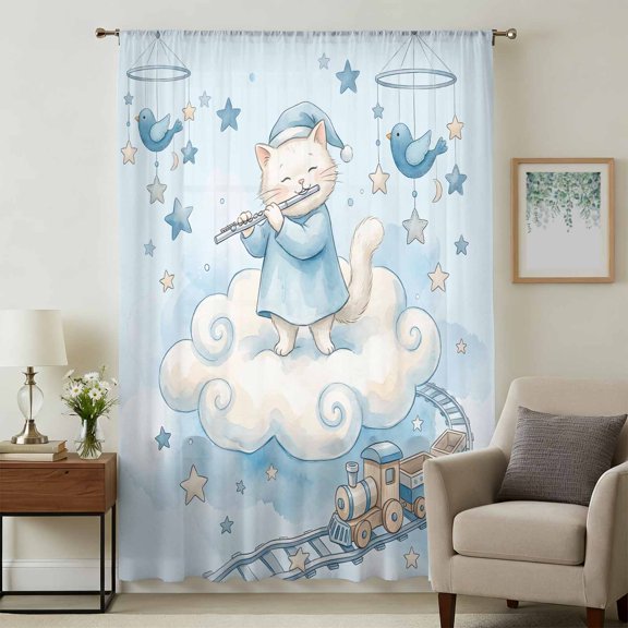 Blue Cartoon Cats Sheer Curtains 45 Inches Long for Bedroom, Cute Cats Sleeping Dreams Clouds Light Filtering Privacy Drapes, Breathable Semi Sheer Short Window Treatment for Kitchen Cafe Bathroom