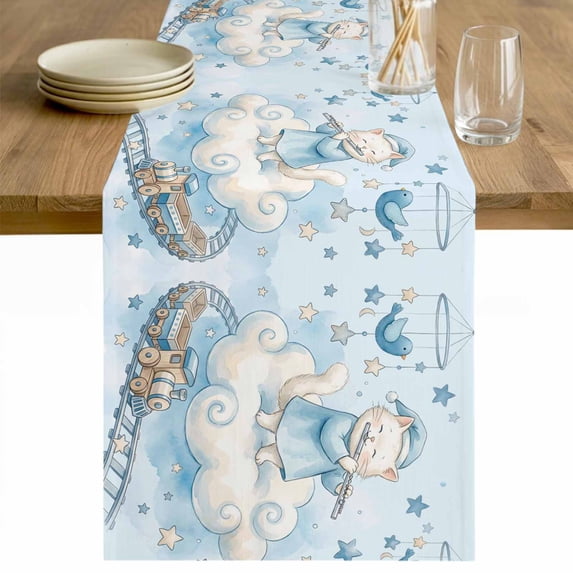 Blue Cartoon Cats Table Runner - 72 Inch Long Cute Cats Sleeping Dreams Clouds Cotton and Linen Blended Dress Scarves Farmhouse Table Runner for Kitchen Dining, Coffee Table, 13" x 72"