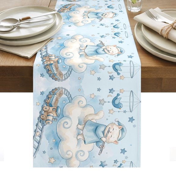 Blue Cartoon Cats Table Runner Cute Cats Sleeping Dreams Clouds Tablerunners 13 x 36 Inch, Table Decorations Tabletop Scarf for Summer Gathering Holiday Farmhouse Kitchen Dining Decor