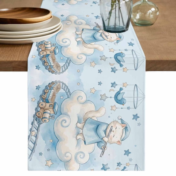 Blue Cartoon Cats Table Runner, Cute Cats Sleeping Dreams Clouds Washable Cotton Linen Table Runners 36 Inches Long, Dresser Scarf Runner for Nightstand/End Tables/Round Tables 13''x36''