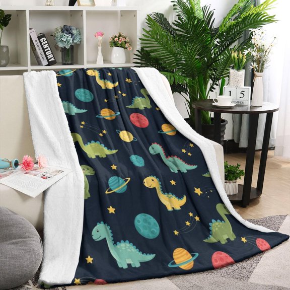 Blue Cartoon Dinosaurs Planets Pattern Blanket,Comfortable Soft Lamb Wool Throw Blanket,All Season,Warm Lightweight Blankets for Sofa Bed Couch Living Room Chair,60"x80"
