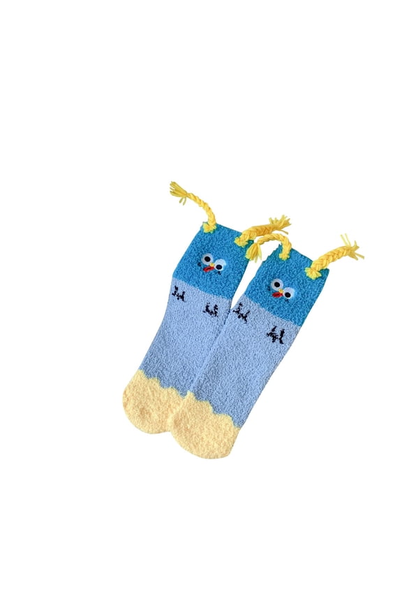 Blue Cartoon Face Cozy Fuzzy Socks with Tassels, Ultra Soft Plush Crew Socks for Men and Women, Fun Novelty Lounge Socks, Comfortable Gift Socks,Size Free Size