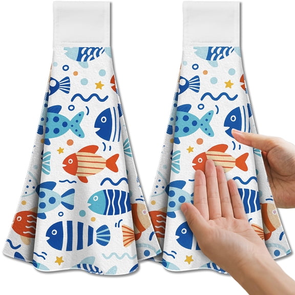 Blue Cartoon Fish Hanging Kitchen Towels with Loop Set of 2 - Soft Super Absorbent Microfiber Decorative Hanging Dish Hand Towel Tea Coffee Towel