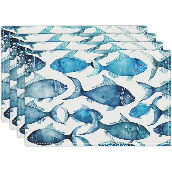 Blue Cartoon Fish Placemats Set of 4 Ocean Nature Marine Animal Table Mats Sea Creatures Place Mat for Kitchen Dining Table Party Decor Indoor Outdoor 18"x12" Non-Slip Easy to Clean