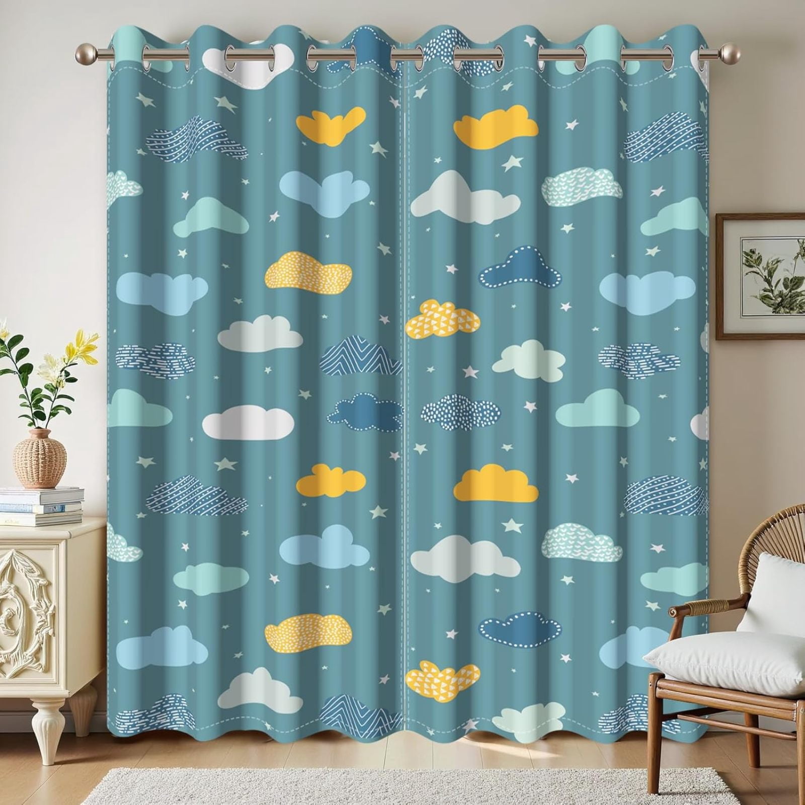 Blue Cartoon Painted Blackout Curtains For Kids Boys Bedroom Living ...