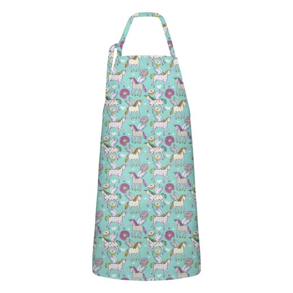 Blue Cartoon Pegasus Donut Pattern Apron-Garden Aprons for Women with Pockets-Cotton Linen Waterproof Kitchen Cooking Gardening Aprons Adjustable for Kitchen,Cooking,BBQ and Salon 33x27 Inch