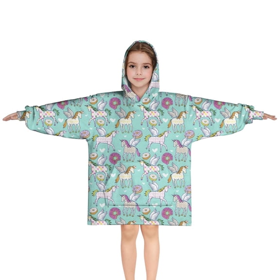 Blue Cartoon Pegasus Donut Pattern Blanket Hoodies for Kids 6-13YR Oversize Wearable Blanket Hoodies for Boys Girls Teens