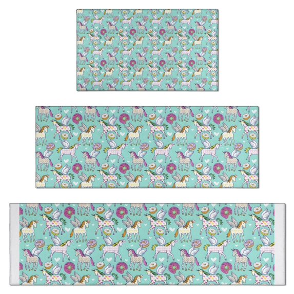 Blue Cartoon Pegasus Donut Pattern Kitchen Rugs Sets Of 3,Kitchen Runner Rugs Non Skid Washable,Decorative Kitchen Floor Mats for Kitchen,Sink,Laundry,17"x30"+ 17"x47" + 17"x59"