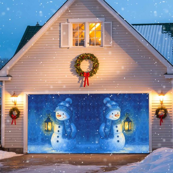 Blue Cartoon Snowman Garage Door Banner Covers, Snowman Hold Lights Snowfall Dark Blue Large Hanging Indoor/Outdoor Backdrop Background for Christmas Winter Party Decor, 6x13 FT