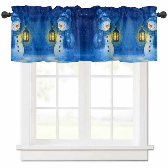 Blue Cartoon Snowman Valances for Windows, Snowman Hold Lights Snowfall Dark Blue Light Filtering Window Treatment Valances, Rod Pocket Small Curtains for Kitchen/Bathroom, 42"x18"