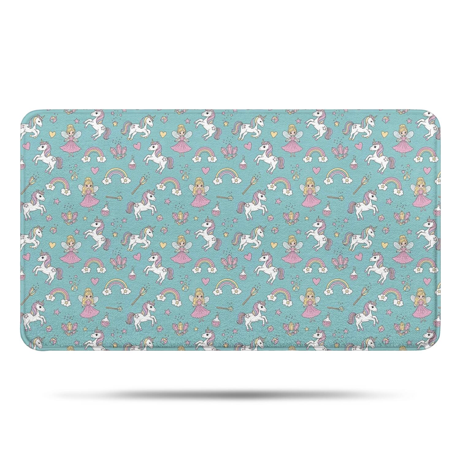 Fairy Blue Rug Blue Cartoon Unicorn and Fairy Rainbow Pattern Bathroom Rugs Mat,Non ...