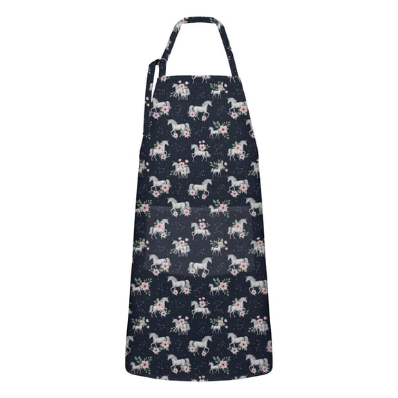 Blue Cartoon Unicorn Flower Pattern Apron-Garden Aprons for Women with Pockets-Cotton Linen Waterproof Kitchen Cooking Gardening Aprons Adjustable for Kitchen,Cooking,BBQ and Salon 33x27 Inch