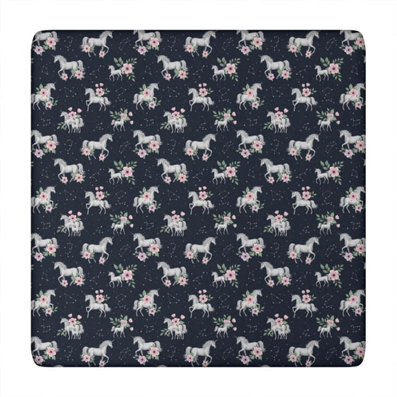 Blue Cartoon Unicorn Flower Pattern Square Fitted Tablecloth with Elastic Edge,Square Table Cover,Washable Elastic Table Cover for Home Kitchen Party Decor 34"x34"