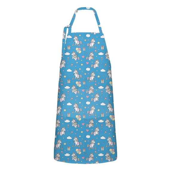 Blue Cartoon Unicorn Gift Balloon Cloud Apron-Garden Aprons for Women with Pockets-Cotton Linen Waterproof Kitchen Cooking Gardening Aprons Adjustable for Kitchen,Cooking,BBQ and Salon 33x27 Inch
