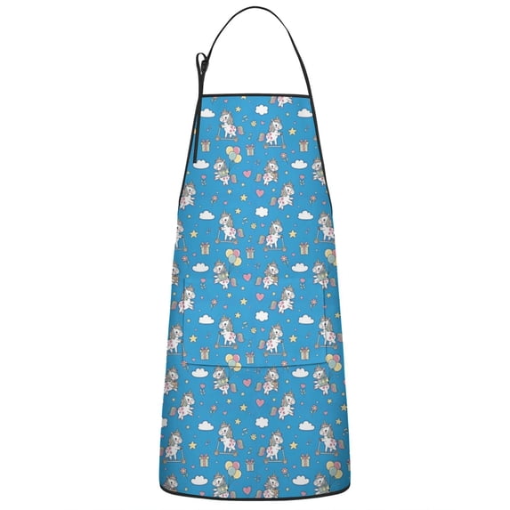 Blue Cartoon Unicorn Gift Balloon Cloud Apron-Garden Aprons for Women with Pockets-Cotton Linen Waterproof Kitchen Cooking Gardening Aprons Adjustable for Kitchen,Cooking,BBQ and Salon 33x27 Inch