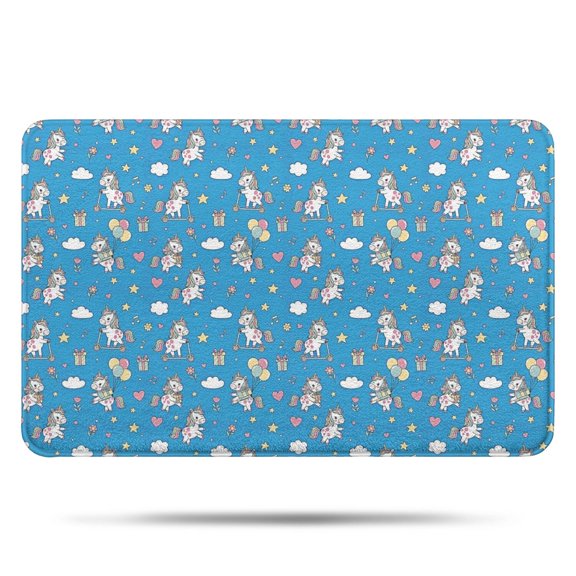 Blue Cartoon Unicorn Gift Balloon Cloud Pattern Bathroom Rugs Mat,Non Slip Microfiber Bathroom Rug,Rubber Backing,Soft Bathroom Mats for Bathroom Floor,Tub and Shower,17x27in(43x68cm)
