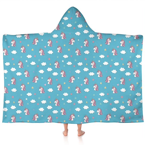 Blue Cartoon Unicorn Head Star Cloud Pattern Hooded Bath Towel,60"x35" for Ages 3 To 12 Kids, Quick Dry Lightweight Soft Microfiber Hood Beach Towel Cover Up for Kids