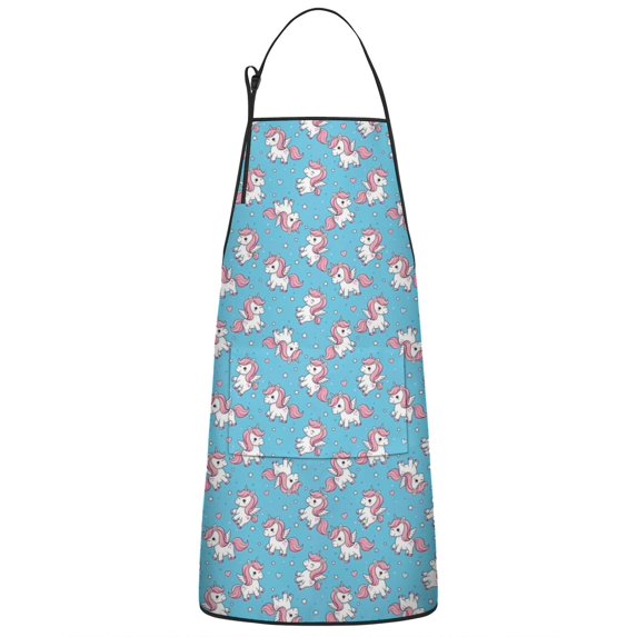 Blue Cartoon Unicorn Heart Pattern Apron-Garden Aprons for Women with Pockets-Cotton Linen Waterproof Kitchen Cooking Gardening Aprons Adjustable for Kitchen,Cooking,BBQ and Salon 33x27 Inch
