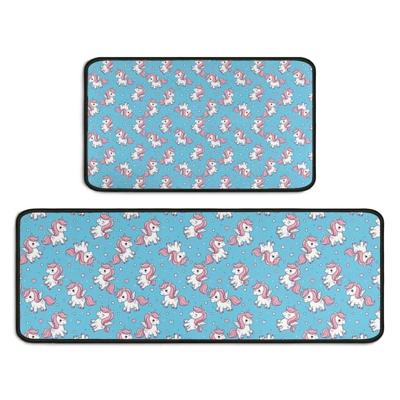 Blue Cartoon Unicorn Heart Pattern Kitchen Rugs Sets Of 2,Anti Fatigue Kitchen Mat Rugs Non Slip Washable,Decorative Kitchen Floor Mats for Kitchen,Sink,Laundry,17"X30"+17"X47"