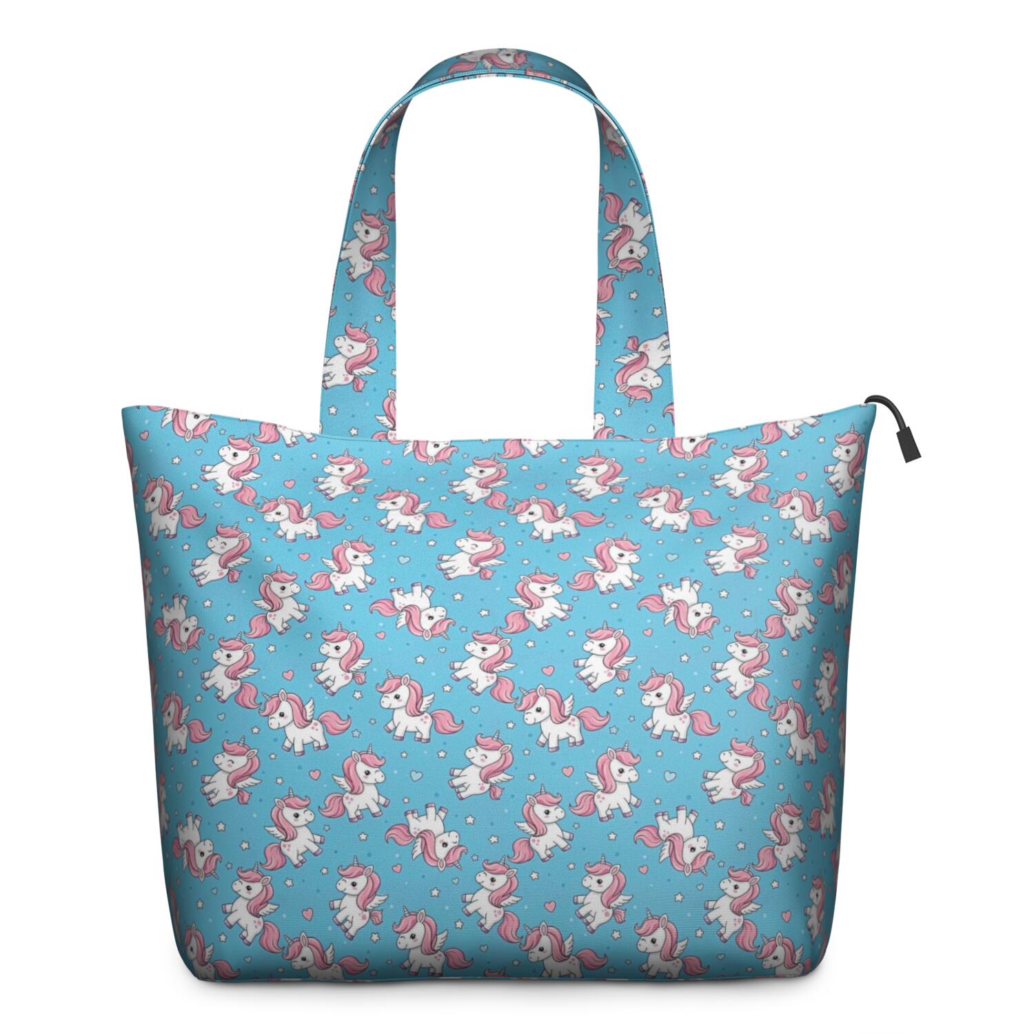 Blue Cartoon Unicorn Heart Pattern Travel Tote Bags for Women Carry On,Large Weekender Bags for Women Travel,Multi Functional Duffle Bag for Work,Shopping,Sports