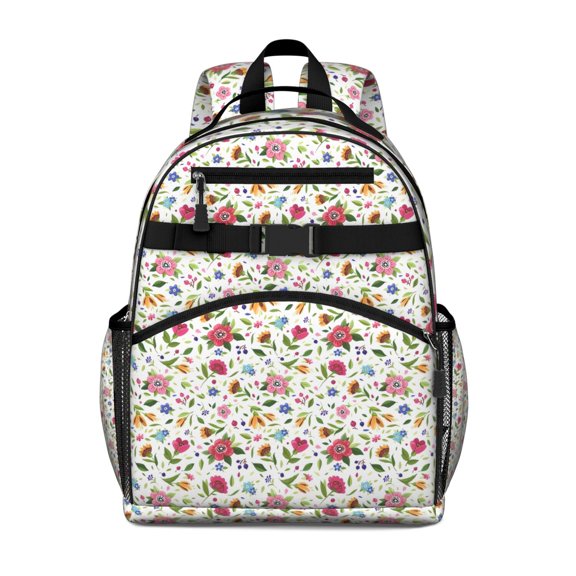 White Colorful Flower Leaf Pattern Backpack for School,Cute School Bag,Schoolbag with Adjustable Shoulder Straps & Padded Back,15.25"x11.5"x5.25"