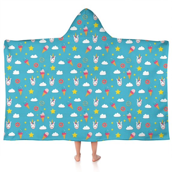 Blue Cartoon Unicorn Ice Cream Donut Star Cloud Hooded Bath Towel,50"x30" for Ages 3 To 12 Kids, Quick Dry Lightweight Soft Microfiber Hood Beach Towel Cover Up for Kids